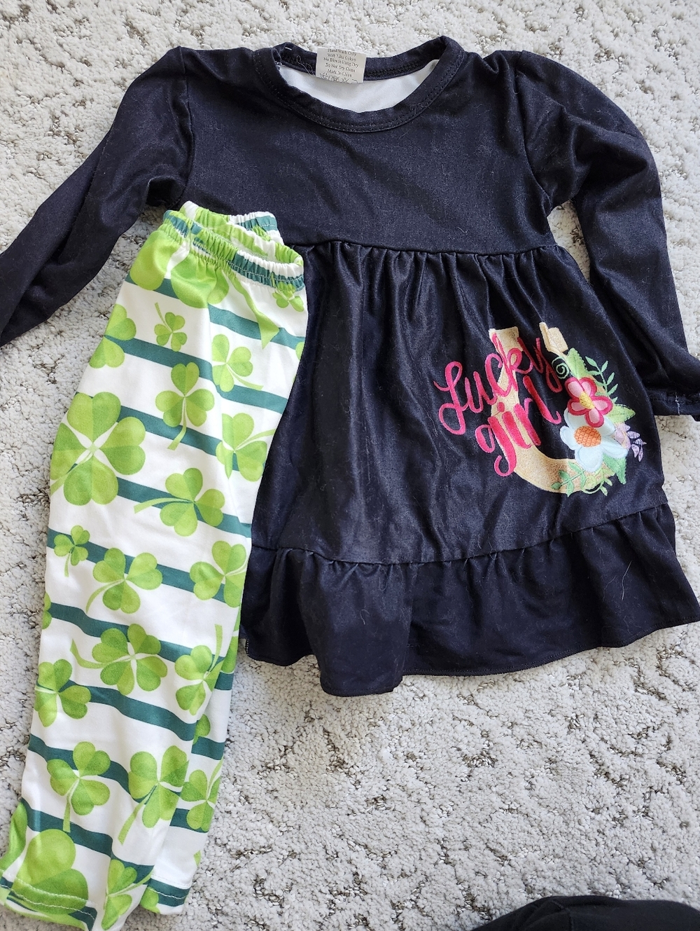 Black "Lucky Girl" Tunic Top with Green Clover Leggings